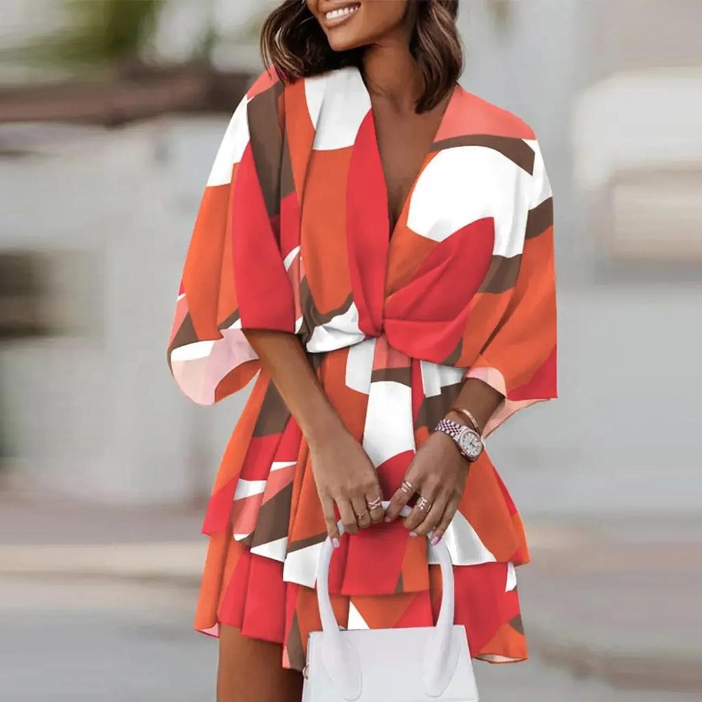 Женское платье в стиле бохо с цветочным принтом, летние сексуальные свободные платья с v-образным вырезом и рукавами «летучая мышь», на шнуровке, женское пляжное праздничное мини-платье, одежда