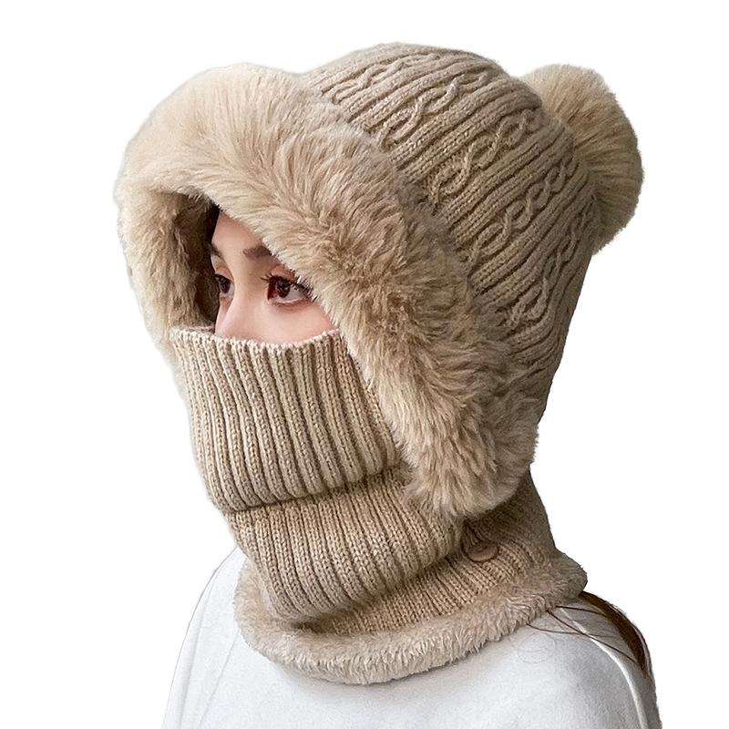 Korean Style Scarf Mask All-in-one Cap Velvet Padded Warm Wrap Outdoor Riding Windproof Acrylic Knit Common Unisex