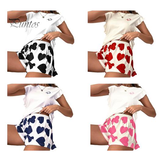 Women's Pajama Set Ruffle Cap Sleeve Top And Love Heart Printed Shorts Set Summer Casual 2 Piece Nightwear Lounge Set