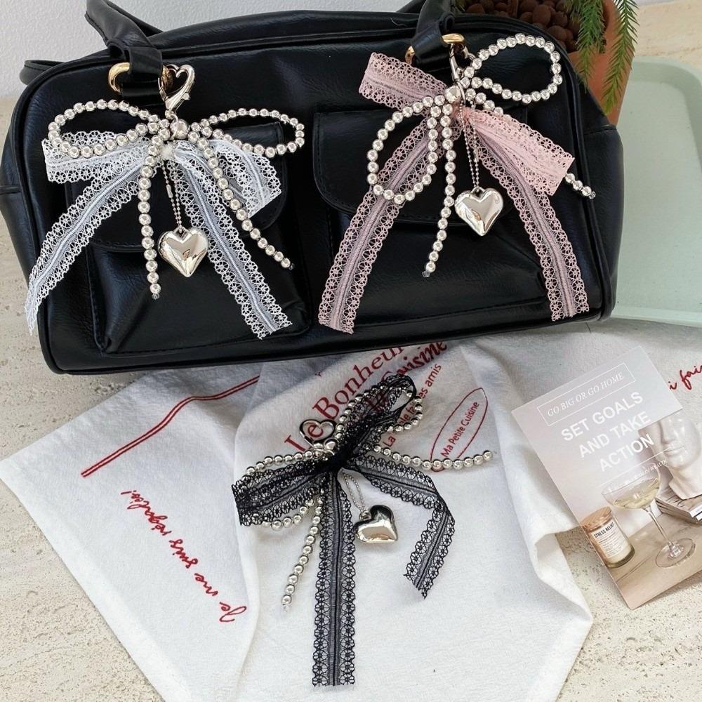 Sweet Lace Bowknot Keychain Imitation Pearls Beaded Pendant Keyring  Backpack Accessory