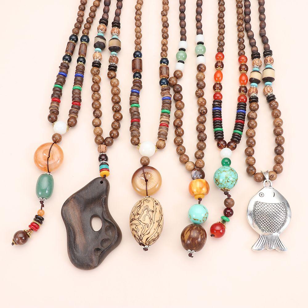 Boho Party Handmade Lucky Gift Buddhist Horn Fish Pendant Mala Wood Bead Nepal Necklace