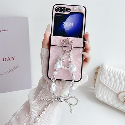 Кожаный ремешок на запястье с бусинами-бантами, чехол для телефона Samsung Galaxy Z Flip 5 4 3 Flip5 Flip4 Flip3 5G, твердый противоударный защитный чехол