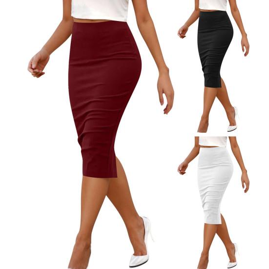 Midi Skirt Solid Color Back Slit Design High Waist Hip Wrapped Skirt Slimming Office Work Party Daily Wear Skirt