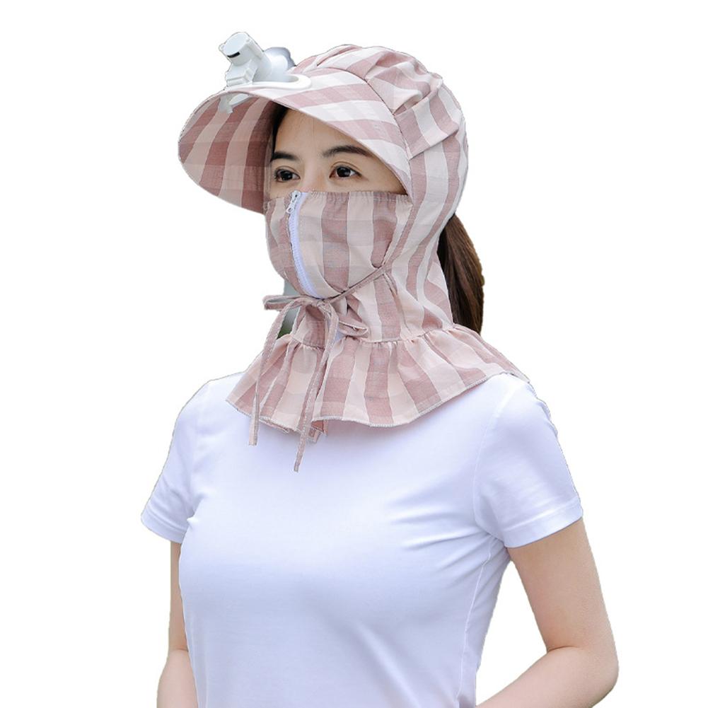 Women Summer Sun Hat Face-covering Neck Protective Windproof Sunshade Sunscreen Striped Hat With Fan