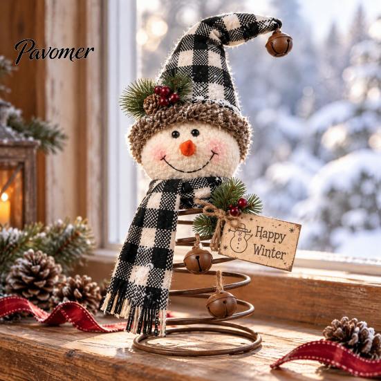 Handmade Christmas Crafts Snowman Tree Topper with Spring Base, 9.84 Inch Autumn Holiday Shelf Sitters Party Tabletop Ornament, Fall Harvest