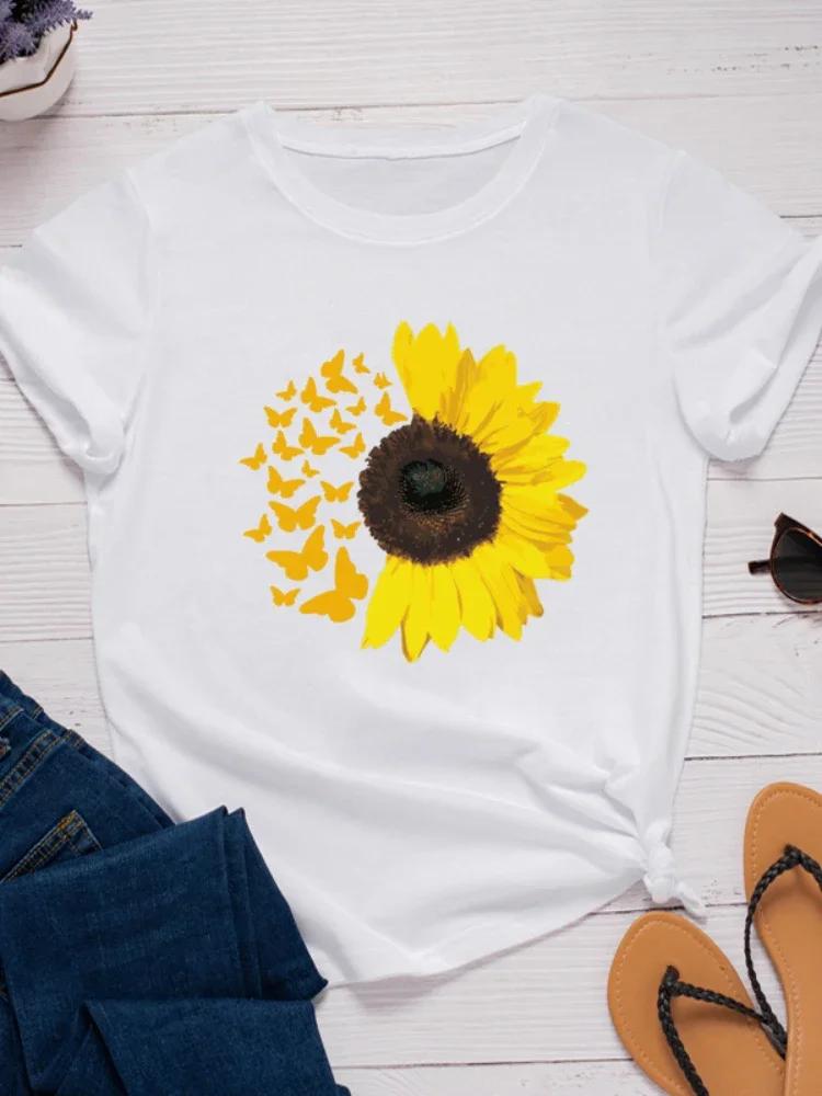 Женская футболка с принтом подсолнуха и бабочками, короткий рукав, круглый вырез, свободная, женская футболка, женские футболки, топы, одежда Camisetas Mujer