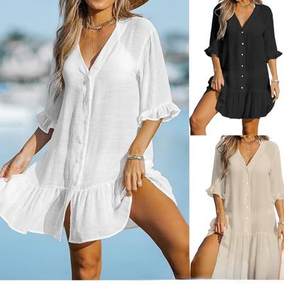 Женское плиссированное однотонное свободное платье с v-образным вырезом и рукавами 3/4 на пуговицах