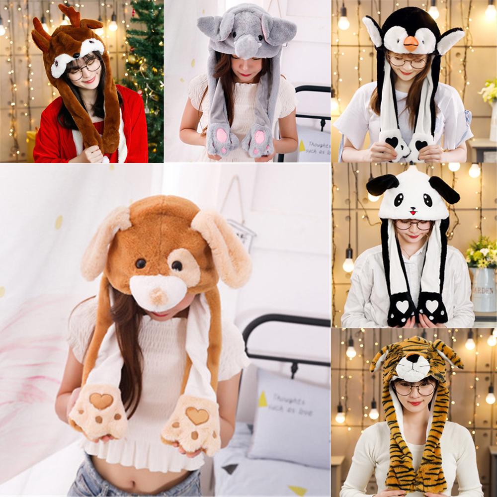 Милая двигающаяся прыгающая теплая шапка с ушками животных, забавная шапка, кролик, нажимной аэроподушка, плюшевая