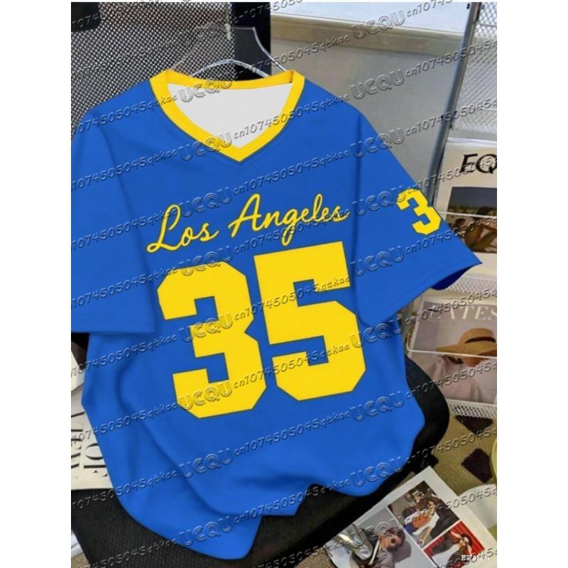 Summer Fashionable NO.35 Print Los Angeles V-Neck Women's Basic T-Shirt Loose and Comfortable Short Sleeve T-shirt Tops Tee