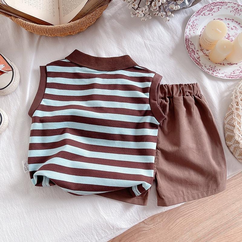 Детский модный мультяшный полосатый комплект с короткими рукавами и шортами, пляжный повседневный весенне-летний костюм для мальчиков, майка без рукавов + шорты