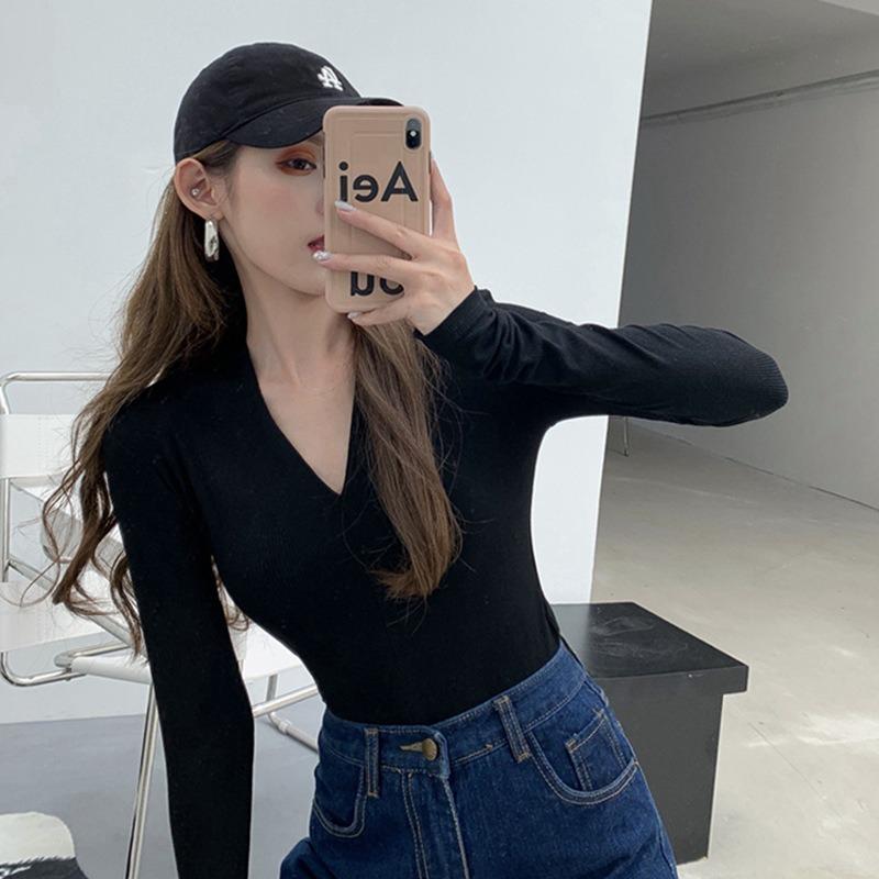Women S V Neck Long Sleeve Slim Fit Solid Color Base T Shirt