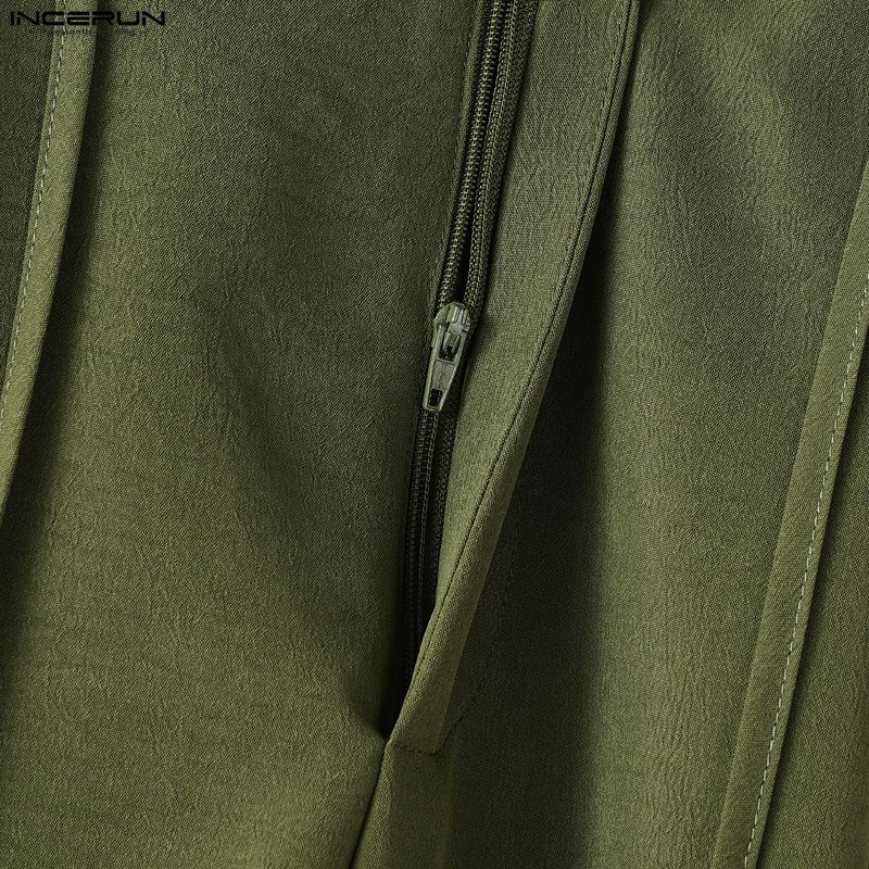 INCERUN Мужской костюм-двойка, рубашки с полурукавом и брюки с воротником-стойкой, повседневные свободные комплекты