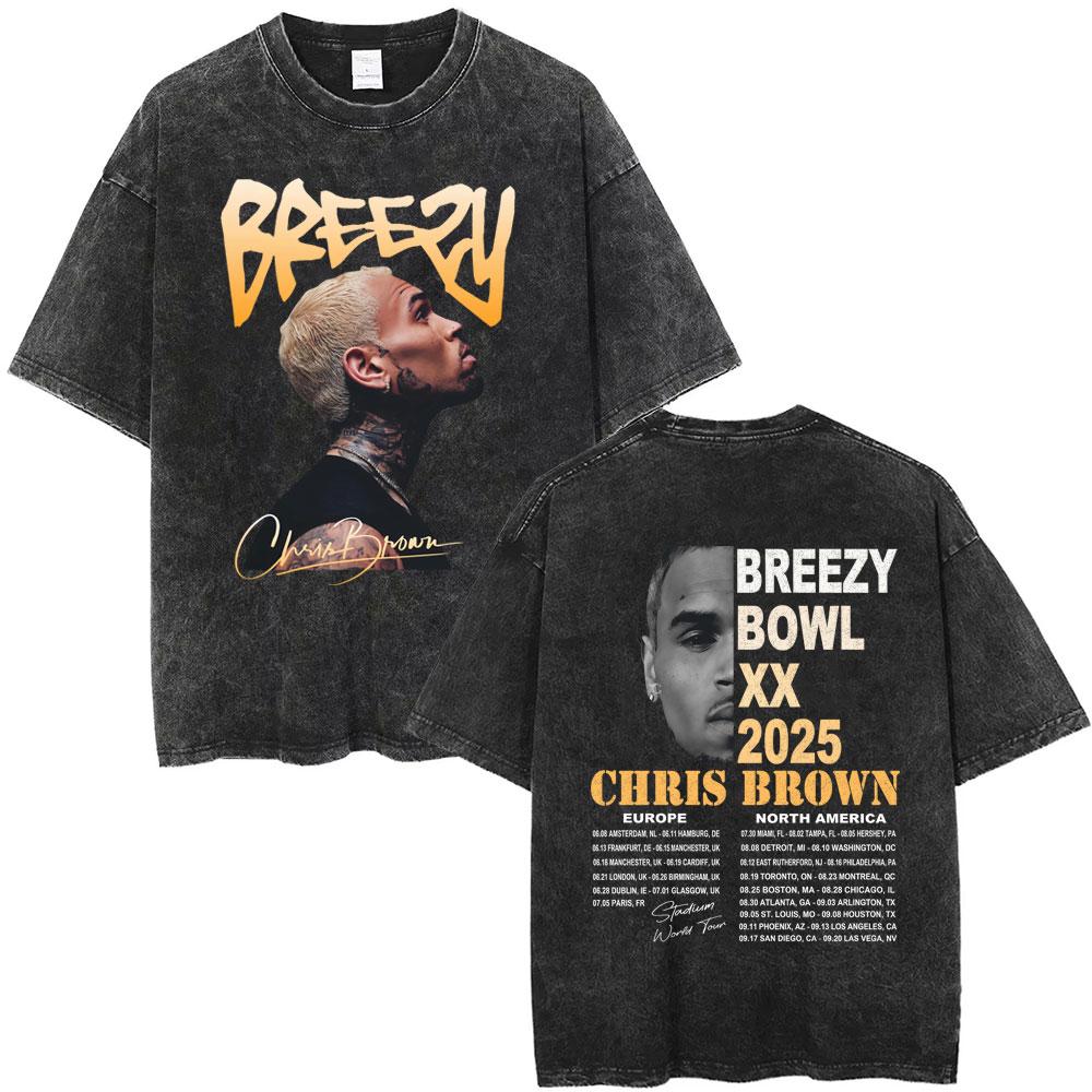 Рэпер Крис Браун Breezy Bowl XX Тур Винтажные стираные футболки Мужские Женские Хип-Хоп Модные Футболки Мужская Хлопок Ретро Футболка