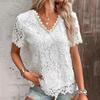 Women T-shirt V-neck Short Sleeve Casual Tee Shirt Hollow Embroidery Lace Pullover Tops Streetwear