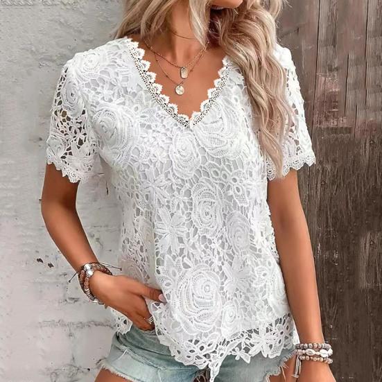 Women T-shirt V-neck Short Sleeve Casual Tee Shirt Hollow Embroidery Lace Pullover Tops Streetwear