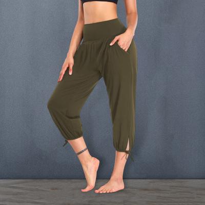 Женские укороченные брюки с эластичным поясом, повседневные брюки с карманами, шнуровкой на манжетах, однотонные брюки для бега и велоспорта