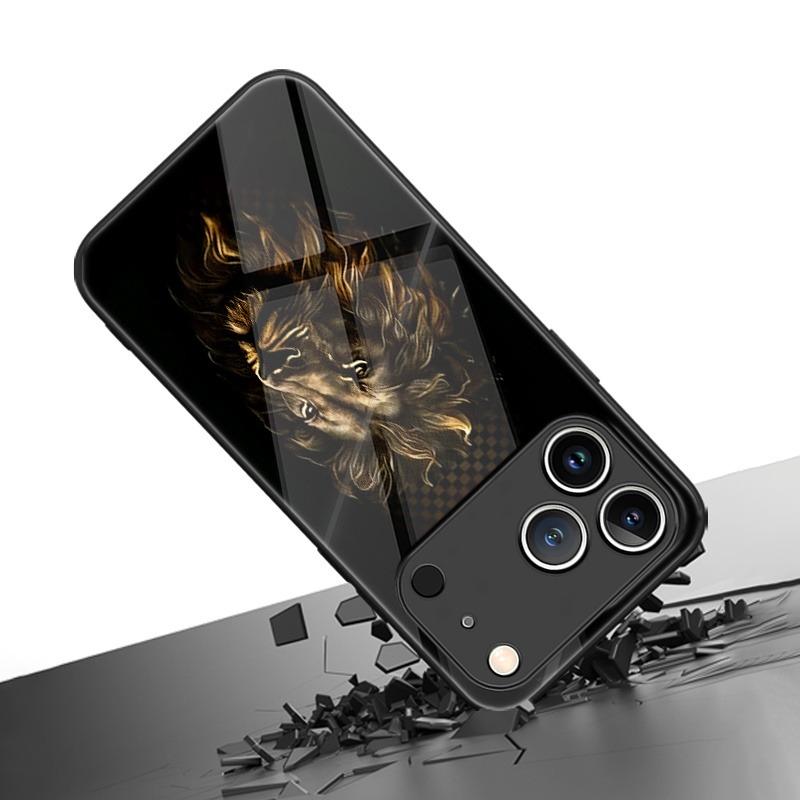 Черный Арт Тренд Узор Голова Льва Закаленное Стекло Чехол Для Телефона Для iPhone 17 16 15 Pro Max 14 13 12 11 17Air 7 8 Plus XR XS X Чехол