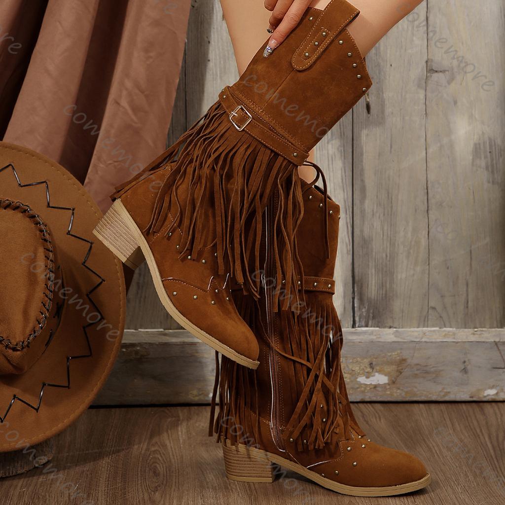 Fashion Comemore Autumn Winter Women High Boots Suede Pointed Toe Outdoor Fashion Retro Style Tassel Rivets Belt Buckle Mid-calf Boots
