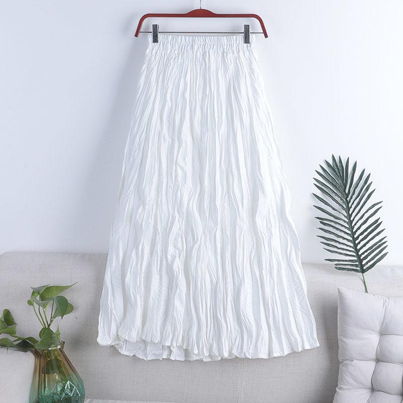 MOJTA Women's Mid-length Skirt Spring Summer Elastic High Pleated Waist Skirt A-line Skirt