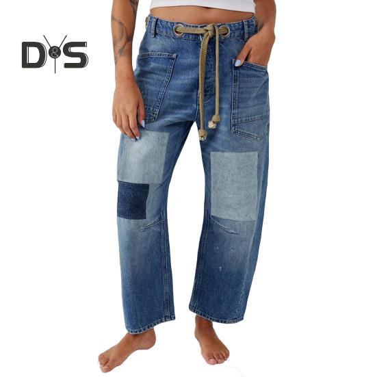 Women's Wide Leg Barrel Jeans Low Rise Drawstring Denim Ankle Pants Elastic Waist Stretchy Baggy Boyfriend Trouser