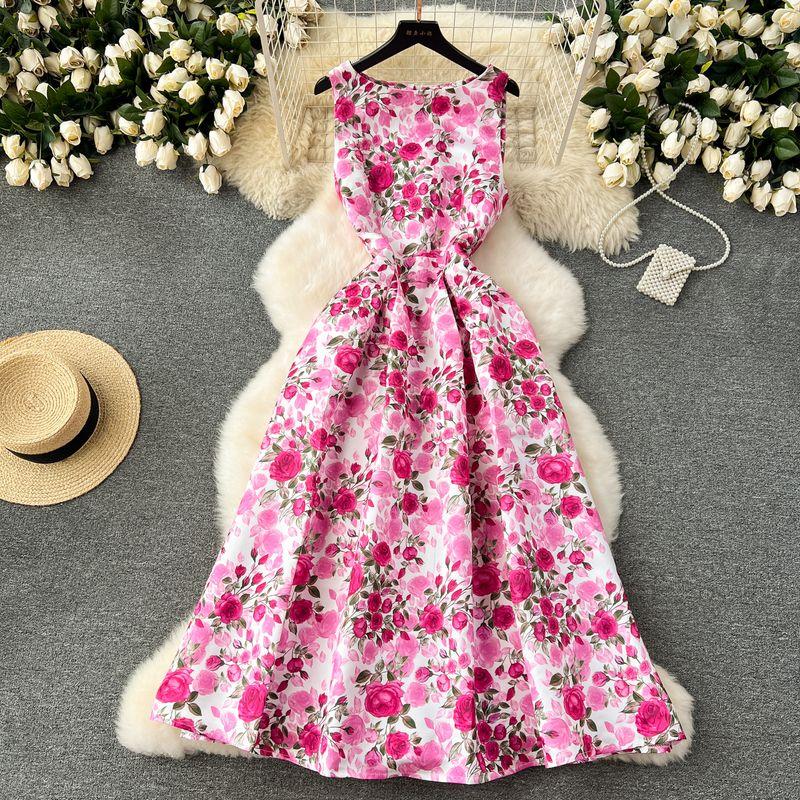 Court Style Dress Women's 2024 New Arrival Retro Print Silm Mid Length Long Length Large Swing Sleeveless Vest Dress Women's Dress