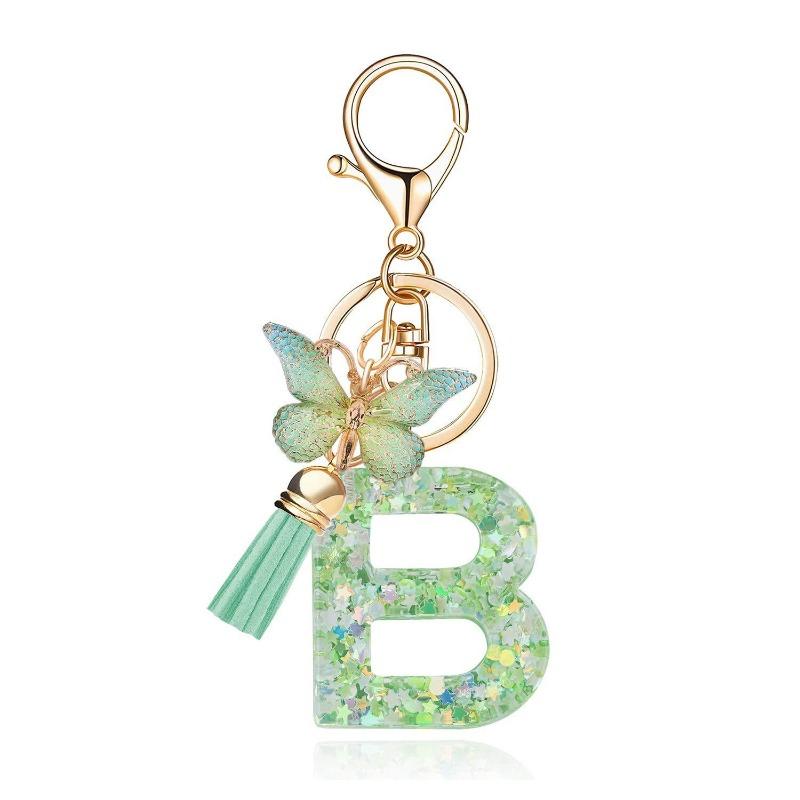A-Z Dreamy Letters Keychain for Women Tassels Butterfly Pendant Initial Keyrings Purse Suspension Bags Car Key Chain Pink