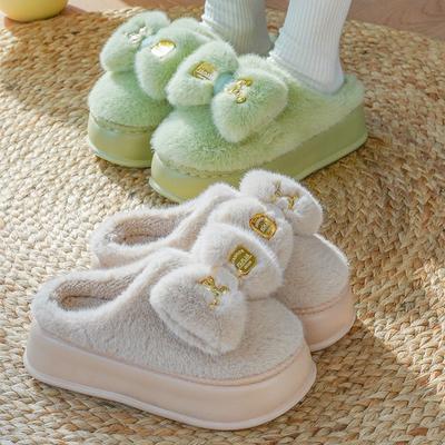 Женские зимние домашние тапочки с бантом, нескользящие, мягкие, теплые, домашняя обувь, женские теплые тапочки для спальни, напольные тапочки