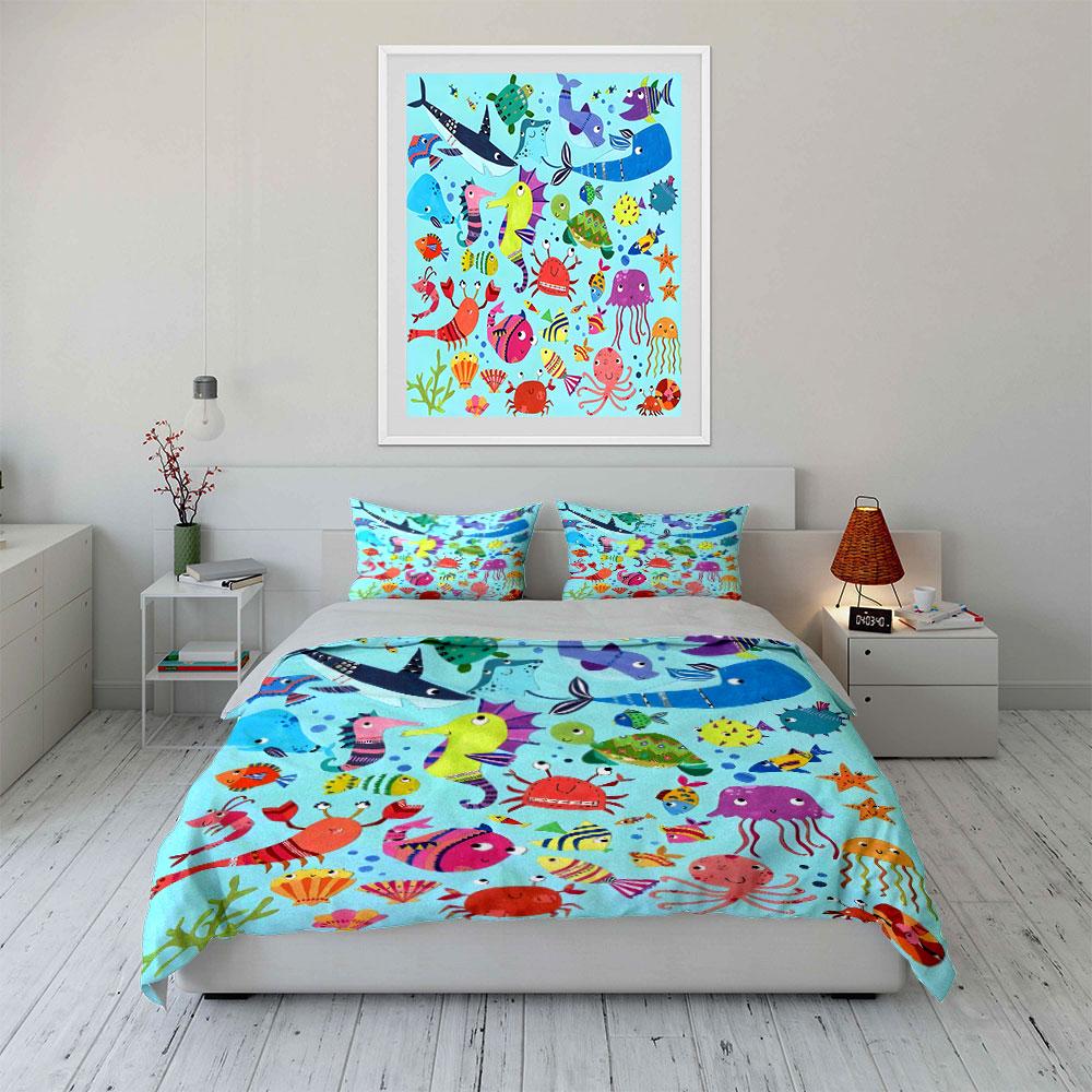 3Pcs Kids Marine Bedding Set, Hand-Drawn Ocean Animals with Bright Colors Print Duvet Cover, Whimsical Bedroom Decor