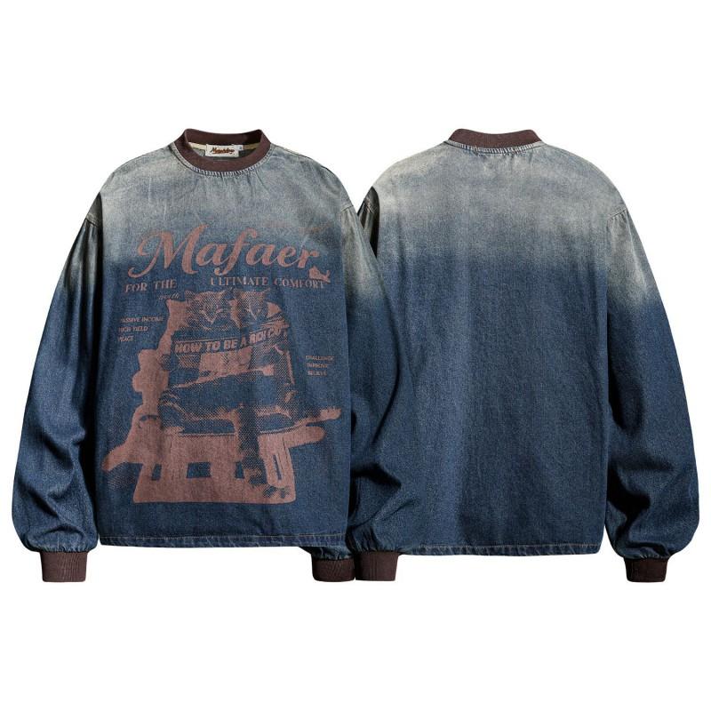 Vintage Washed Gradient Animal Letter Print Hoodie Unisex Streetwear Cotton Sweatshirt Loose Fit Fall