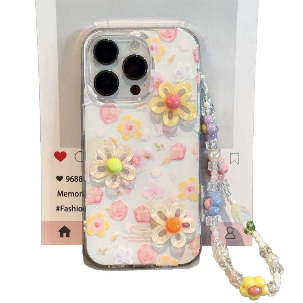 Spring three-dimensional flower Apple 11promax mobile phone case 11pro transparent white background lanyard large hole hard case 11 women