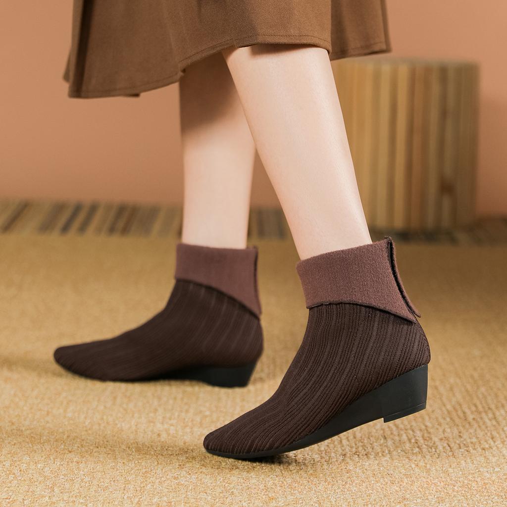 Женские эластичные трикотажные ботинки на танкетке с острым носком на низком каблуке Ботинки-челси с застежкой-молнией Короткие ботинки для ходьбы Зимние осенние ботильоны для женщин
