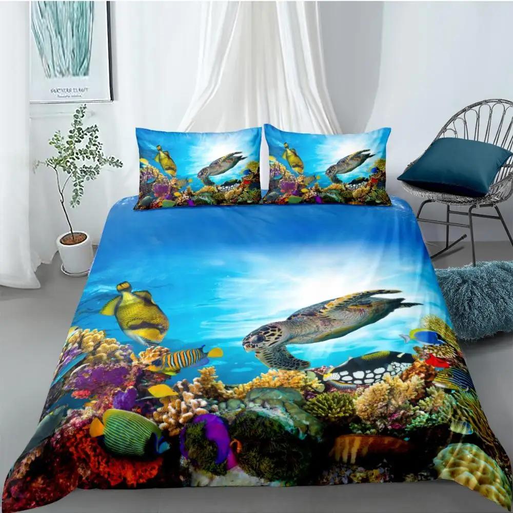 Ocean Duvet Cover Set Queen Double Size Polyester Ocean Animals Fishes Tortoise And Rainbow Color Coral Printed Comforter Cover