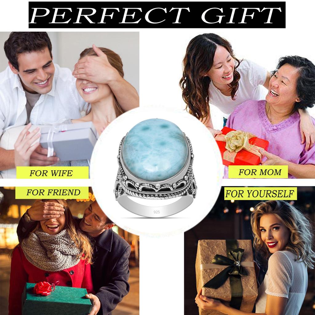 925 Sterling Silver Natural Larimar Gemstone Oval Huge Statement Rings For Unisex