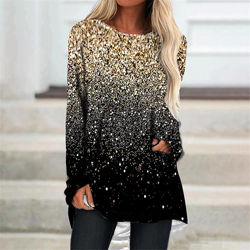 Plus Size Women Spring Glitter Printed Comfy Long Sleeve Round Collar T-shirt Casual Baggy Mid Length Tee Tops
