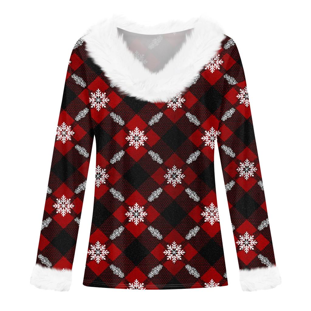 Женская футболка с рождественским принтом, длинный рукав, флисовый воротник, V-образный вырез, футболка