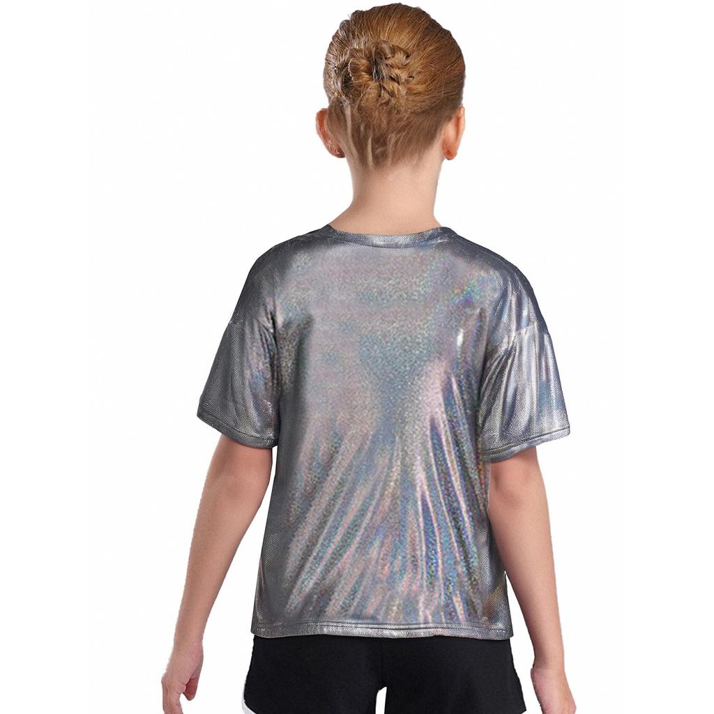 Unisex Kids Metallic Shiny Jazz Dance Top Sparkly T-shirt Performance Wear Boys Girls Dance Class Outfit