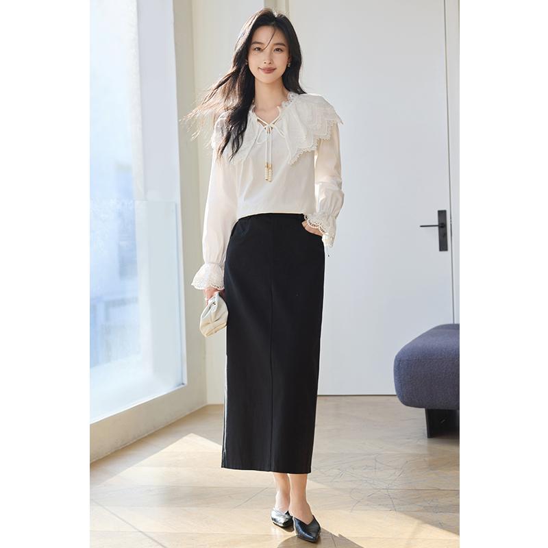 Spring "Bohemian" series gentle fairy style top sweet lace doll collar tied shirt