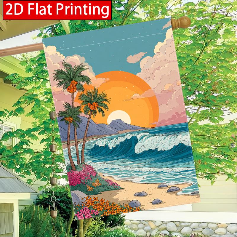 2D Flat, 1pc a Tropical Beach Scene Under a Large, Setting Sun 2D Plane Printing Double-sided Garden Flag, Outdoor Holiday Courtyard Lawn Decoration,