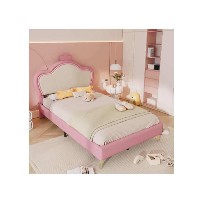 Lit simple - MUVOE - 90x200 cm - Rembourré - Métal - Rose + Blanc