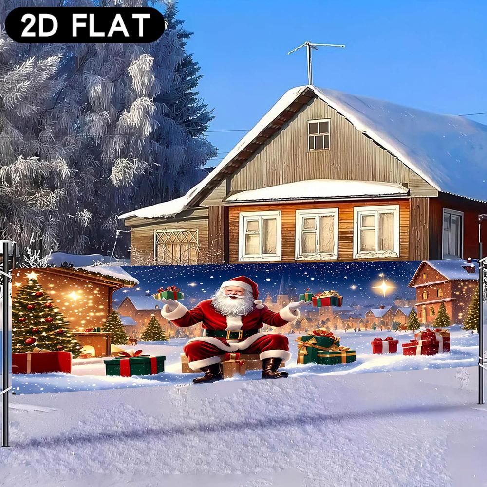 Merry Christmas Long Fence Banner, Santa Delivering Gifts Starlight Snowy Town Design, Polyester Outdoor Courtyard Decoration