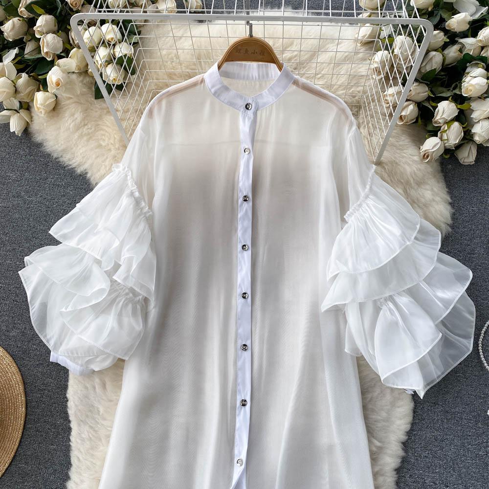 RUGOD Весеннее однобортное платье в европейском и американском стиле с французскими рюшами и трехмерными цветочными рукавами