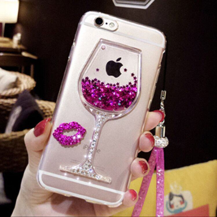 Силиконовый чехол для Apple 15 с жидкими стразами и дизайном бокала вина идеально подходит для iPhone 12, 13 и 14.