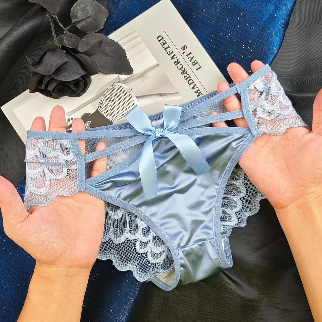 Bowknot Hollow Lace Panties for Women Satin Pure Cotton Crotch Breathable Sexy Mid-waist Women Briefs Underwear Knickers EMA