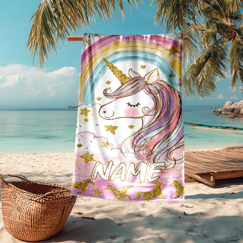 Custom Name Ultra-Soft Beach Towel with Unicorn Theme,Ideal for Pool - Camping, Diving - Perfect Travel Essential, Vibrant Beach Towel.