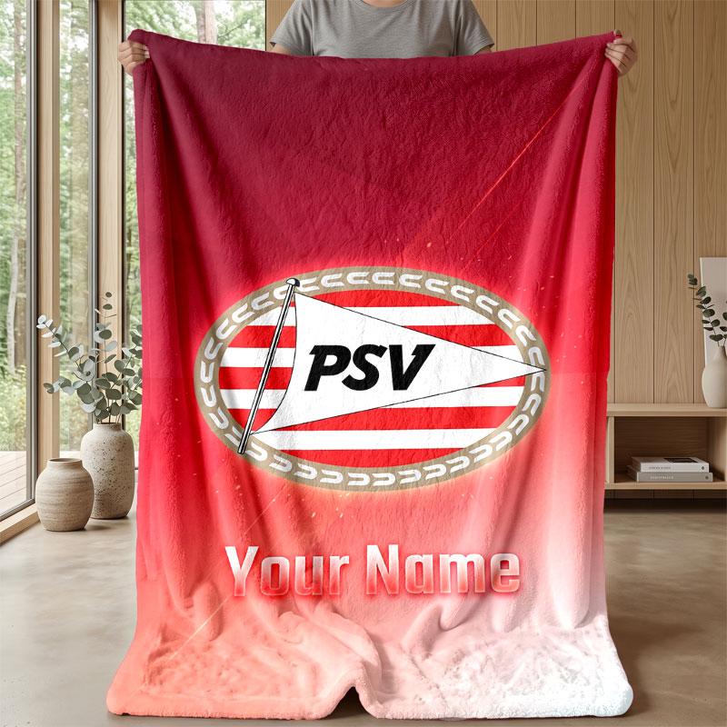 PSV Eindhoven FC Custom Name Text Flannel Blanket Soccer Logo Personalized Fleece Throw Blanket Special Gift For Sofa Bedroom Home
