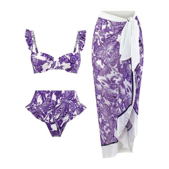 3 шт./компл. женское бикини с пляжной юбкой-прикрытием в богемном стиле, бюстгальтер-бандо с рюшами и рукавами, высокая талия