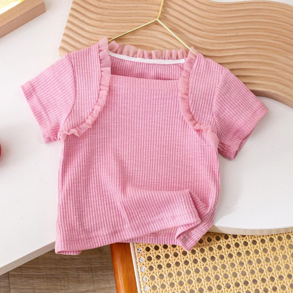 Летняя футболка с короткими рукавами для девочек с кружевом и кружевными рукавами, универсальный и модный топ из ледяного шелка