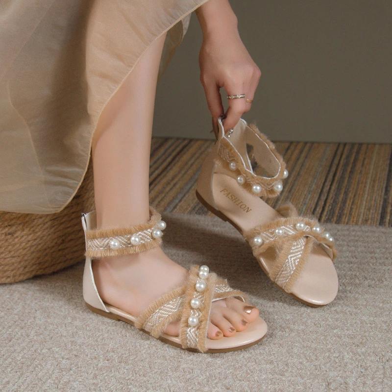 Мода 2024 года, низкие сандалии, женские, кожаные, большого размера, с открытым носком, женские, универсальные, летние, на каблуках, на низком каблуке, большие, закрытые, разноцветные, удобные