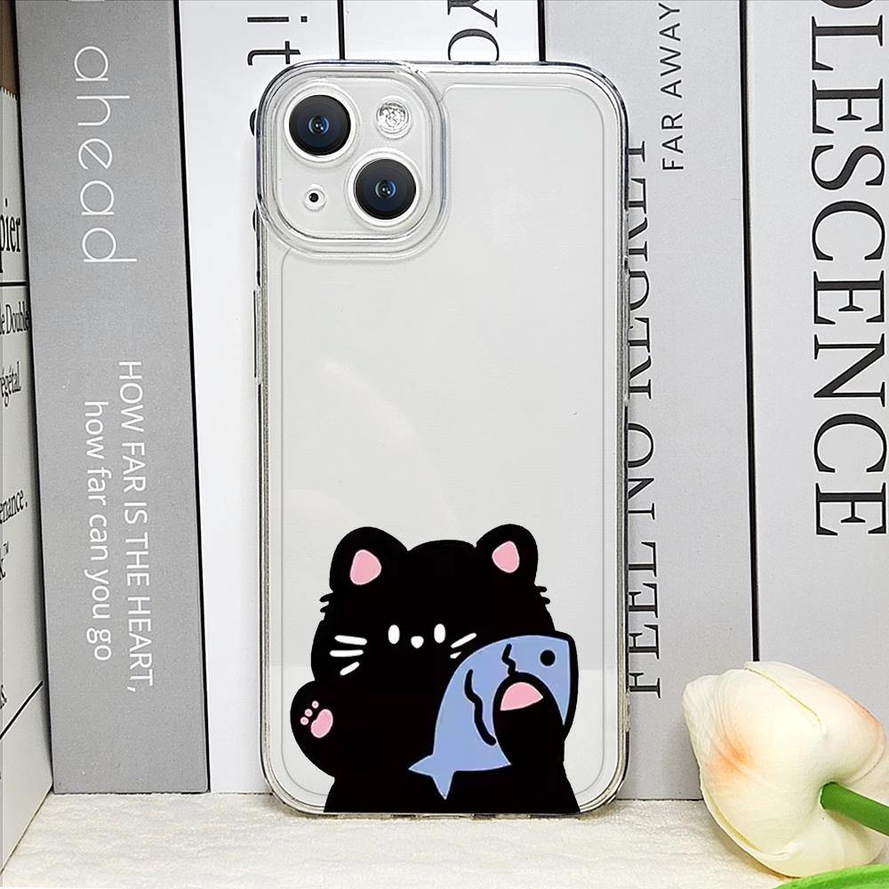 Смешная мультяшная пара Кот и Рыба парный чехол для телефона для IPhone 16 15 14 11 12 13 Pro Max 7 8 Plus Mini XS XR Прозрачный мягкий чехол Fundas