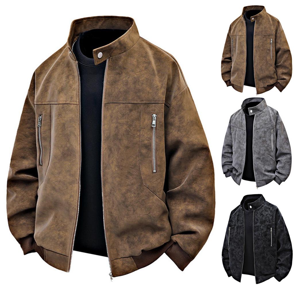 Men's Solid Color Zipper PU Leather Stand Collar Jacket Casual Sports Motorcycle Style Jacket